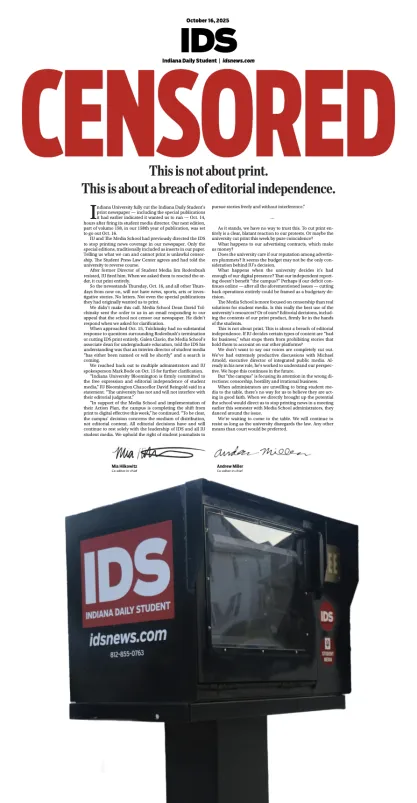 Front page of Indiana Daily Student Homecoming Edition showing an empty newspaper stand under the word "CENSORED"